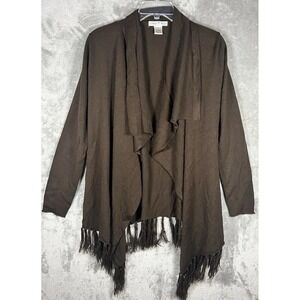 Vintage Suzie Cardigan Womens Medium Brown Knitted Ruffle Open Front Sweater